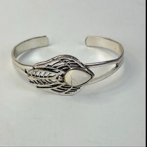 Silver & Cream Women's Cuff Bracelet, feather detail & bone color stone